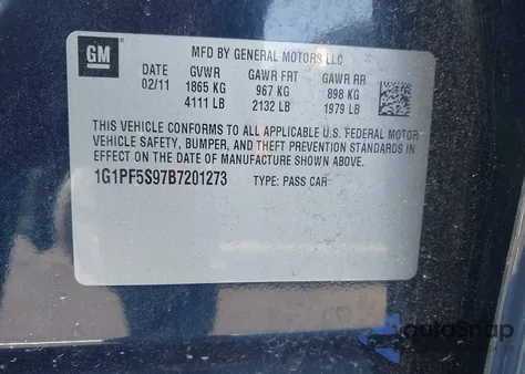 2011 Chevrolet Cruze 1Lt из США, поврежденный, VIN 1G1PF5S97B7201273